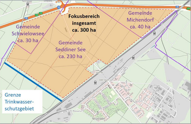 Kartenausschnitt von Fokusgebiet der geplanten Industrieansiedlung mit einer Größe von 300 ha.