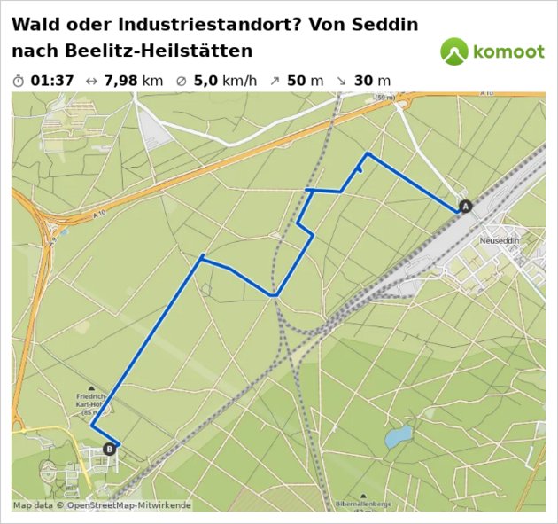 Kartenausschnitt mit der Wanderstrecke. Start am Bahnhof Seddin, Ende am Bahnhof Beelitz-Heilstätten.